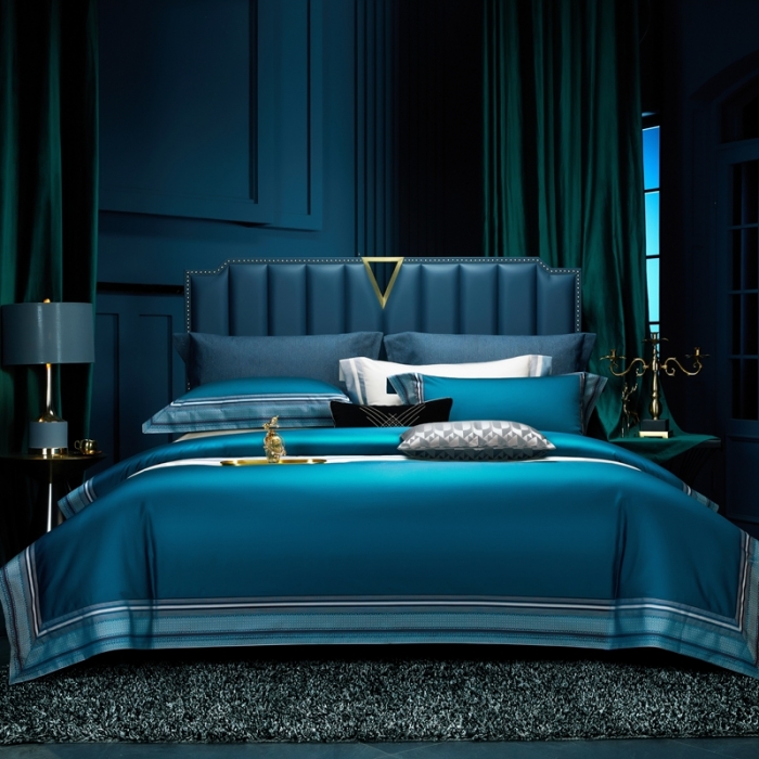 91家纺网 家纺一手货源 找家纺 雅韵诗真丝馆 2023新款全棉色织拼边四件套 色织拼边孔雀蓝