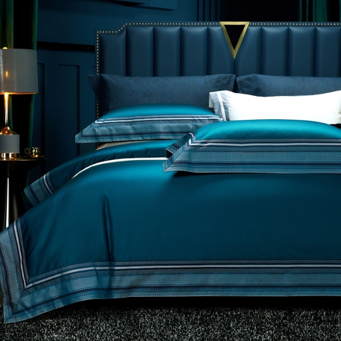 91家纺网 家纺一手货源 找家纺 雅韵诗真丝馆 2023新款全棉色织拼边四件套 色织拼边孔雀蓝