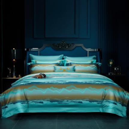 91家纺网 家纺一手货源 找家纺 雅韵诗真丝馆 2023新款全棉色织提花四件套 色织提花蔚蓝