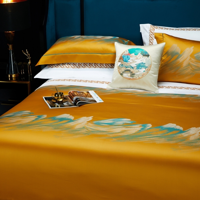 91家纺网 家纺一手货源 找家纺 雅韵诗真丝馆 2023新款全棉色织提花四件套 色织提花金色年华