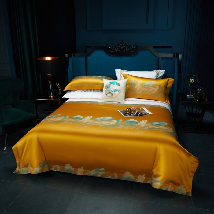 91家纺网 家纺一手货源 找家纺 雅韵诗真丝馆 2023新款全棉色织提花四件套 色织提花金色年华