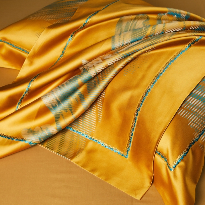 91家纺网 家纺一手货源 找家纺 雅韵诗真丝馆 2023新款全棉色织提花四件套 色织提花金色年华