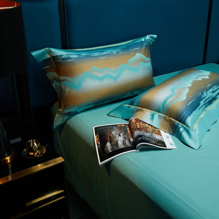 91家纺网 家纺一手货源 找家纺 雅韵诗真丝馆 2023新款全棉色织提花四件套 色织提花蔚蓝