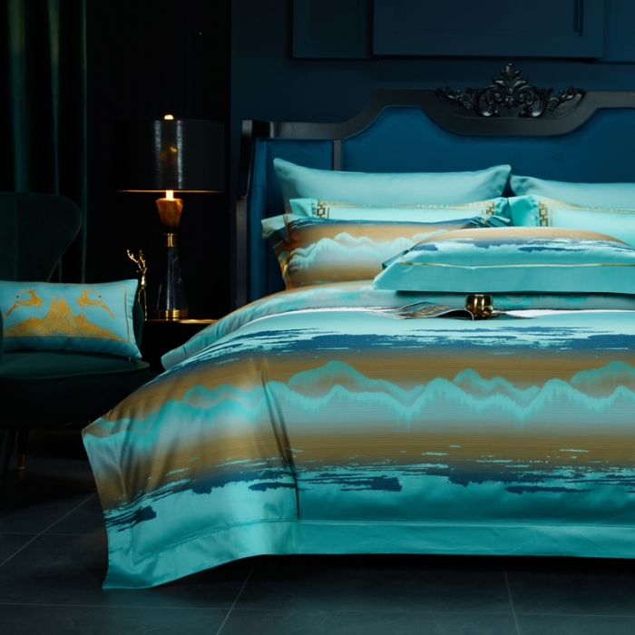 91家纺网 家纺一手货源 找家纺 雅韵诗真丝馆 2023新款全棉色织提花四件套 色织提花蔚蓝