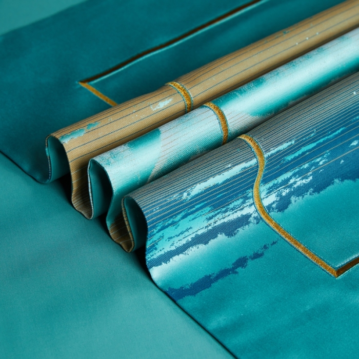 91家纺网 家纺一手货源 找家纺 雅韵诗真丝馆 2023新款全棉色织提花四件套 色织提花蔚蓝