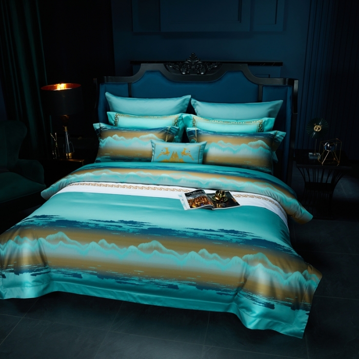 91家纺网 家纺一手货源 找家纺 雅韵诗真丝馆 2023新款全棉色织提花四件套 色织提花蔚蓝