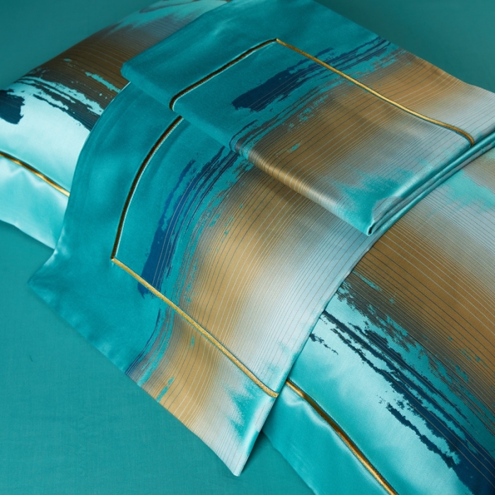 91家纺网 家纺一手货源 找家纺 雅韵诗真丝馆 2023新款全棉色织提花四件套 色织提花蔚蓝