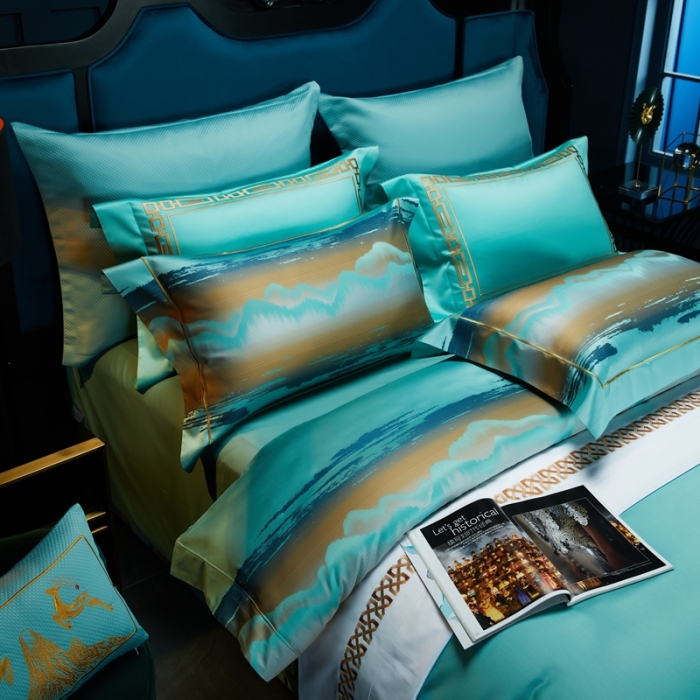 91家纺网 家纺一手货源 找家纺 雅韵诗真丝馆 2023新款全棉色织提花四件套 色织提花蔚蓝