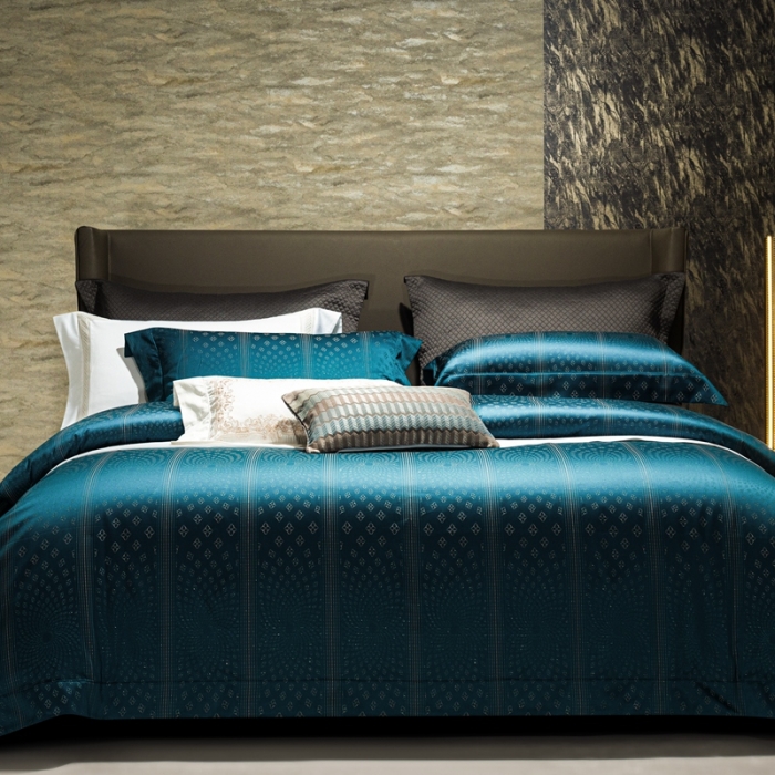 91家纺网 家纺一手货源 找家纺 雅韵诗真丝馆 2023新款全棉色织提花四件套 伊丽莎白孔雀蓝