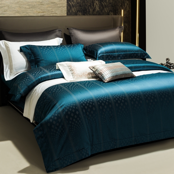 91家纺网 家纺一手货源 找家纺 雅韵诗真丝馆 2023新款全棉色织提花四件套 伊丽莎白孔雀蓝