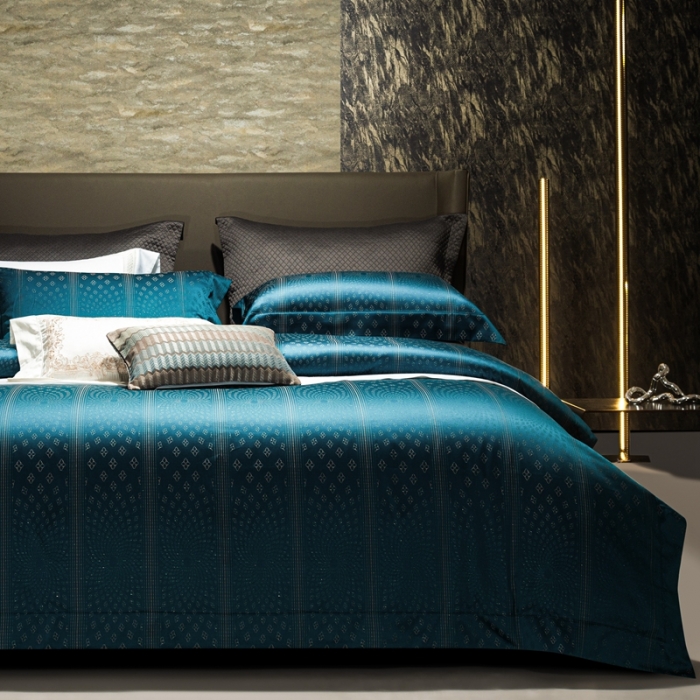 91家纺网 家纺一手货源 找家纺 雅韵诗真丝馆 2023新款全棉色织提花四件套 伊丽莎白孔雀蓝