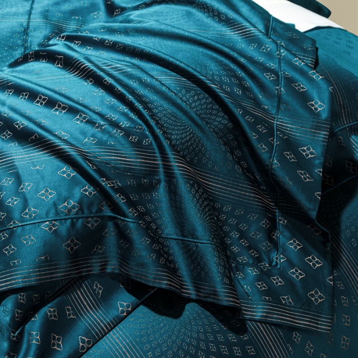 91家纺网 家纺一手货源 找家纺 雅韵诗真丝馆 2023新款全棉色织提花四件套 伊丽莎白孔雀蓝