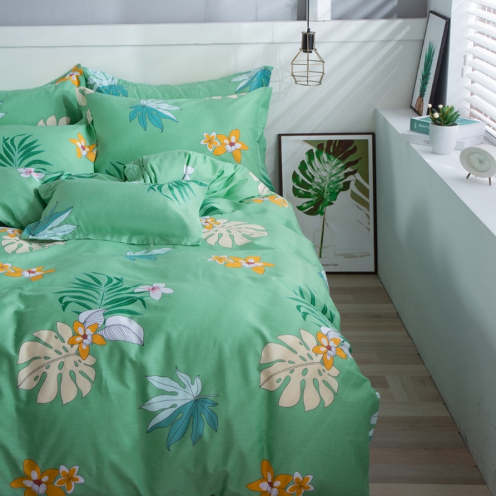 91家纺网 家纺一手货源 找家纺 雨萝家纺 2022新款纯棉四件套全棉学生宿舍三件套 蔓香-绿