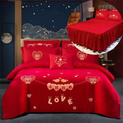 91家纺网 家纺一手货源 找家纺 慕她新中式婚庆四件套大红色刺绣结婚床上用品喜庆婚礼 鸳鸯同心