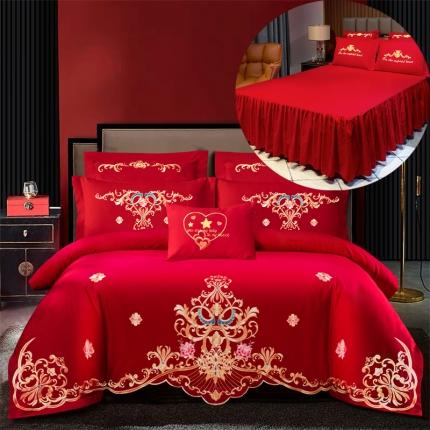 慕她新中式婚庆四件套大红色刺绣结婚床上用品喜庆婚礼 盛世庄园大红