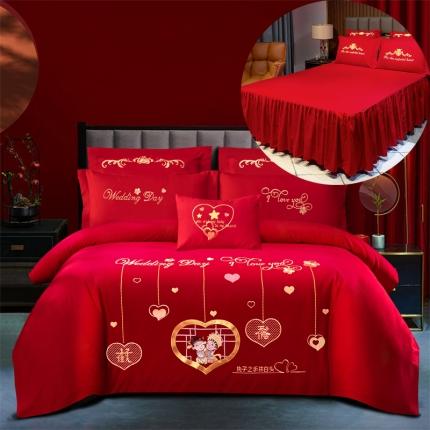 慕她新中式婚庆四件套大红色刺绣结婚床上用品喜庆婚礼 天作之合