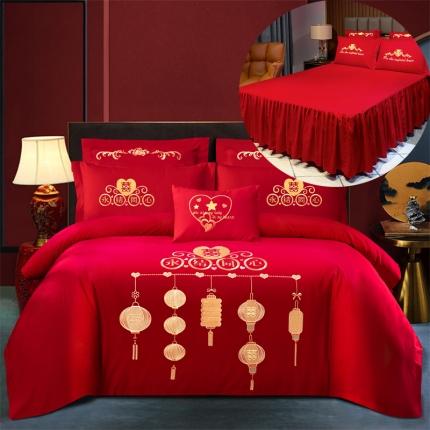 慕她新中式婚庆四件套大红色刺绣结婚床上用品喜庆婚礼 张灯结彩