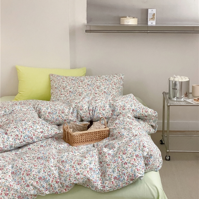 91家纺网 家纺一手货源 找家纺 棉眠 2022春夏新款全棉混搭四件套 绿可可（枕套可混搭可碎花）