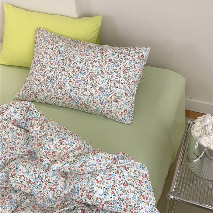 91家纺网 家纺一手货源 找家纺 棉眠 2022春夏新款全棉混搭四件套 绿可可（枕套可混搭可碎花）