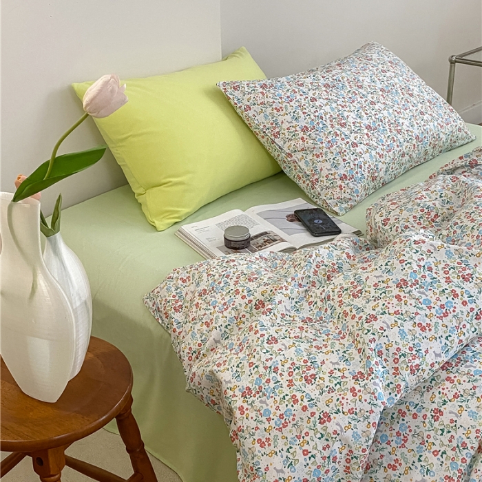 91家纺网 家纺一手货源 找家纺 棉眠 2022春夏新款全棉混搭四件套 绿可可（枕套可混搭可碎花）