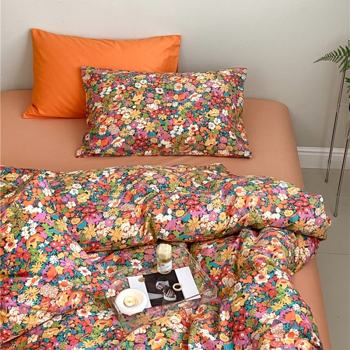 91家纺网 家纺一手货源 找家纺 棉眠 2022春夏新款全棉混搭四件套 落日珊瑚（枕套可混搭可碎花）