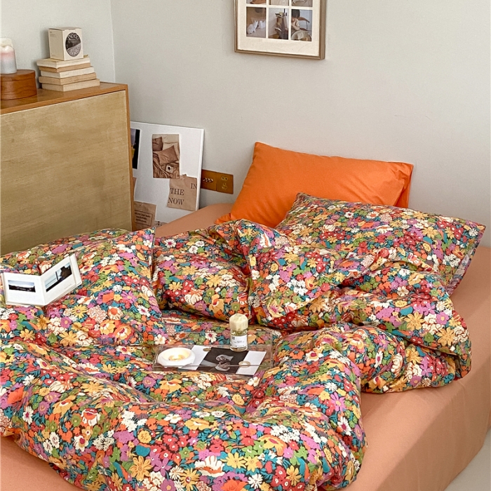 91家纺网 家纺一手货源 找家纺 棉眠 2022春夏新款全棉混搭四件套 落日珊瑚（枕套可混搭可碎花）