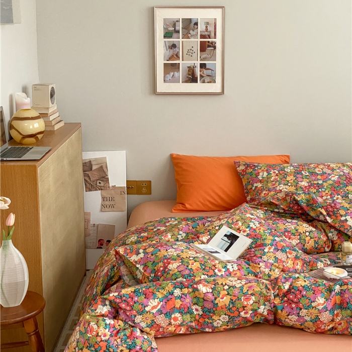 91家纺网 家纺一手货源 找家纺 棉眠 2022春夏新款全棉混搭四件套 落日珊瑚（枕套可混搭可碎花）