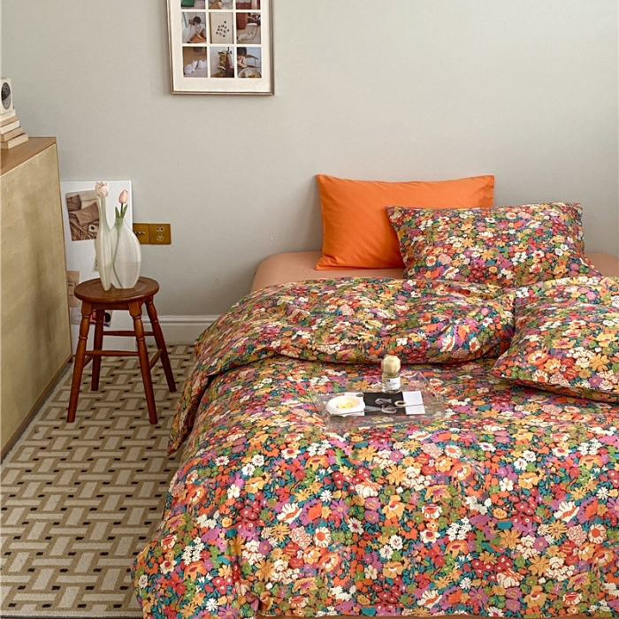 91家纺网 家纺一手货源 找家纺 棉眠 2022春夏新款全棉混搭四件套 落日珊瑚（枕套可混搭可碎花）