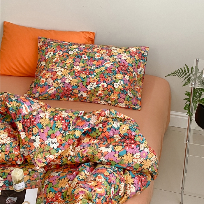91家纺网 家纺一手货源 找家纺 棉眠 2022春夏新款全棉混搭四件套 落日珊瑚（枕套可混搭可碎花）