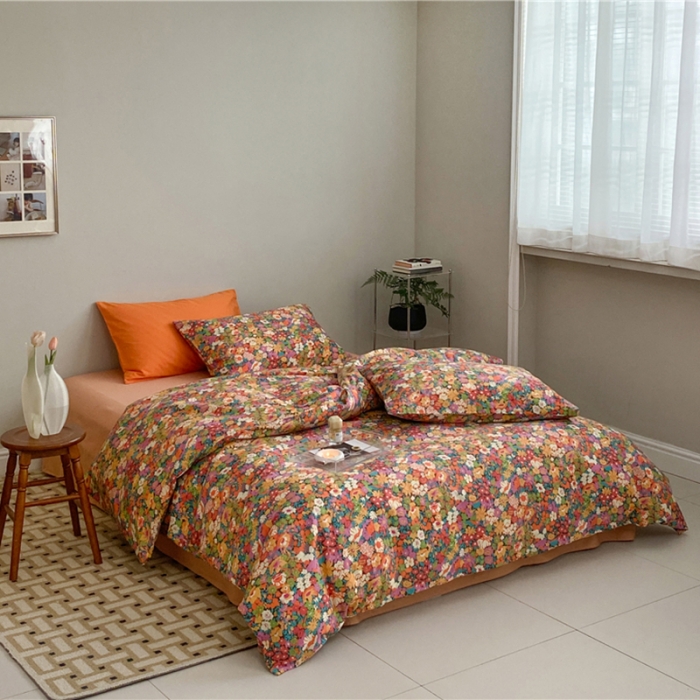 91家纺网 家纺一手货源 找家纺 棉眠 2022春夏新款全棉混搭四件套 落日珊瑚（枕套可混搭可碎花）