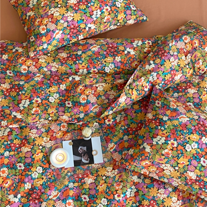 91家纺网 家纺一手货源 找家纺 棉眠 2022春夏新款全棉混搭四件套 落日珊瑚（枕套可混搭可碎花）