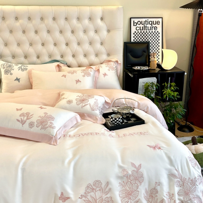 91家纺网 家纺一手货源 找家纺 眠帛2022新品60支兰精天丝气质轻奢绣花四件套盛夏盛夏-粉