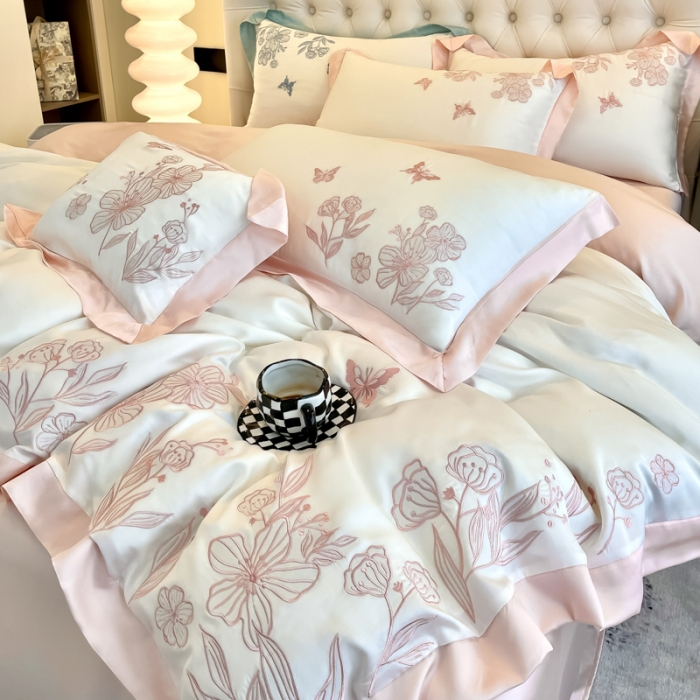 91家纺网 家纺一手货源 找家纺 眠帛2022新品60支兰精天丝气质轻奢绣花四件套盛夏盛夏-粉