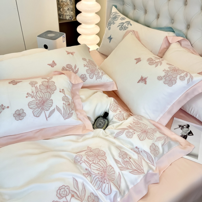 91家纺网 家纺一手货源 找家纺 眠帛2022新品60支兰精天丝气质轻奢绣花四件套盛夏盛夏-粉