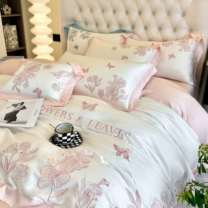 91家纺网 家纺一手货源 找家纺 眠帛2022新品60支兰精天丝气质轻奢绣花四件套盛夏盛夏-粉