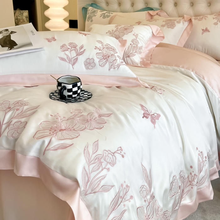 91家纺网 家纺一手货源 找家纺 眠帛2022新品60支兰精天丝气质轻奢绣花四件套盛夏盛夏-粉