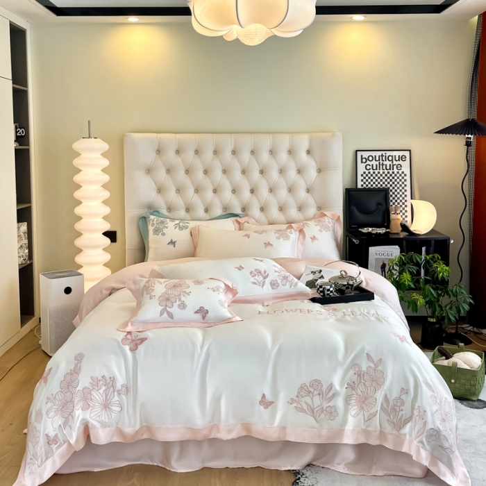 91家纺网 家纺一手货源 找家纺 眠帛2022新品60支兰精天丝气质轻奢绣花四件套盛夏盛夏-粉