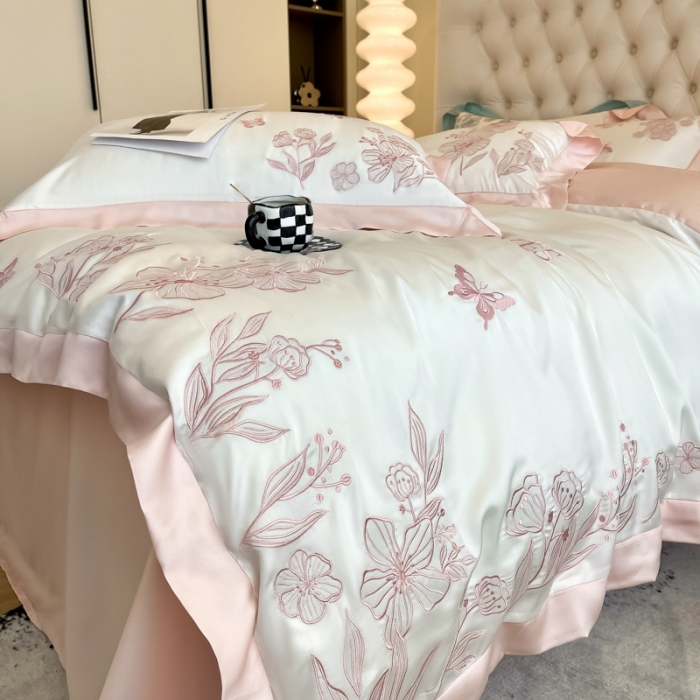 91家纺网 家纺一手货源 找家纺 眠帛2022新品60支兰精天丝气质轻奢绣花四件套盛夏盛夏-粉