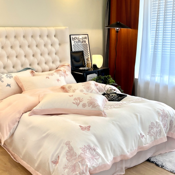 91家纺网 家纺一手货源 找家纺 眠帛2022新品60支兰精天丝气质轻奢绣花四件套盛夏盛夏-粉