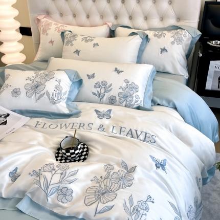 眠帛2022新品60支兰精天丝气质轻奢绣花四件套盛夏盛夏-蓝