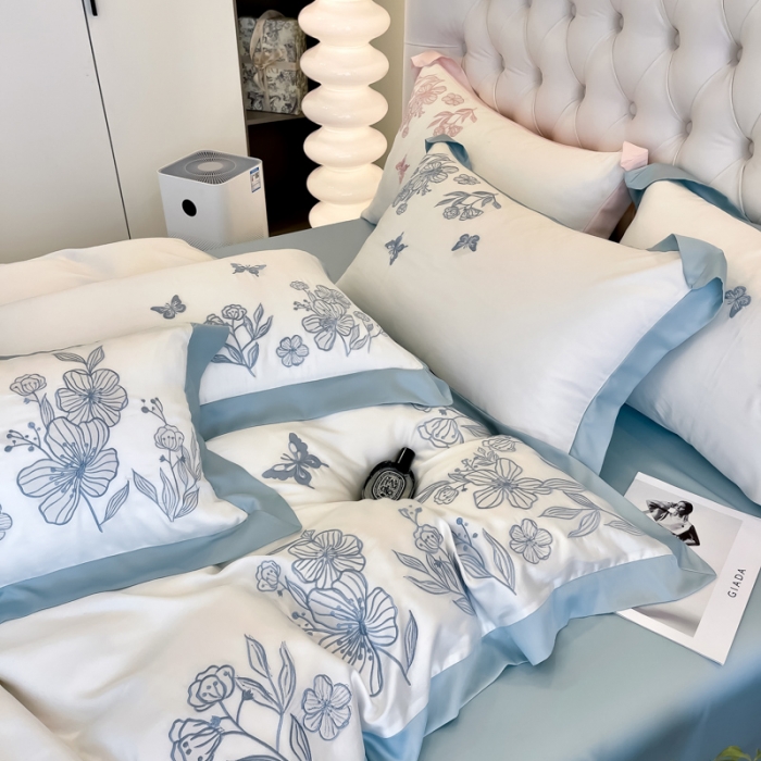 91家纺网 家纺一手货源 找家纺 眠帛2022新品60支兰精天丝气质轻奢绣花四件套盛夏盛夏-蓝