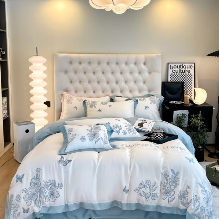 91家纺网 家纺一手货源 找家纺 眠帛2022新品60支兰精天丝气质轻奢绣花四件套盛夏盛夏-蓝