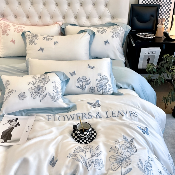 91家纺网 家纺一手货源 找家纺 眠帛2022新品60支兰精天丝气质轻奢绣花四件套盛夏盛夏-蓝