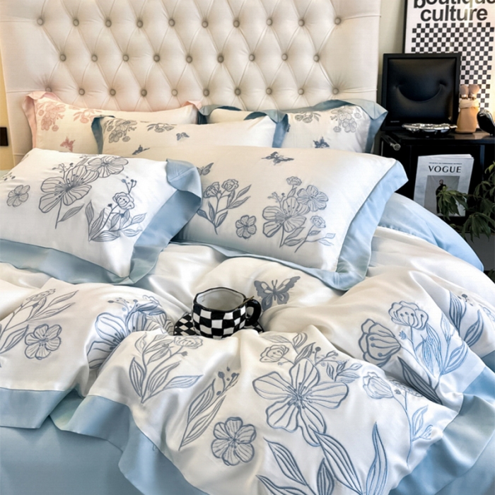 91家纺网 家纺一手货源 找家纺 眠帛2022新品60支兰精天丝气质轻奢绣花四件套盛夏盛夏-蓝