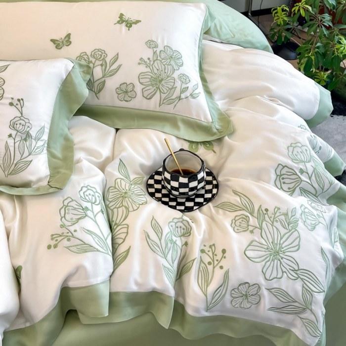 91家纺网 家纺一手货源 找家纺 眠帛2022新品60支兰精天丝气质轻奢绣花四件套盛夏盛夏-绿