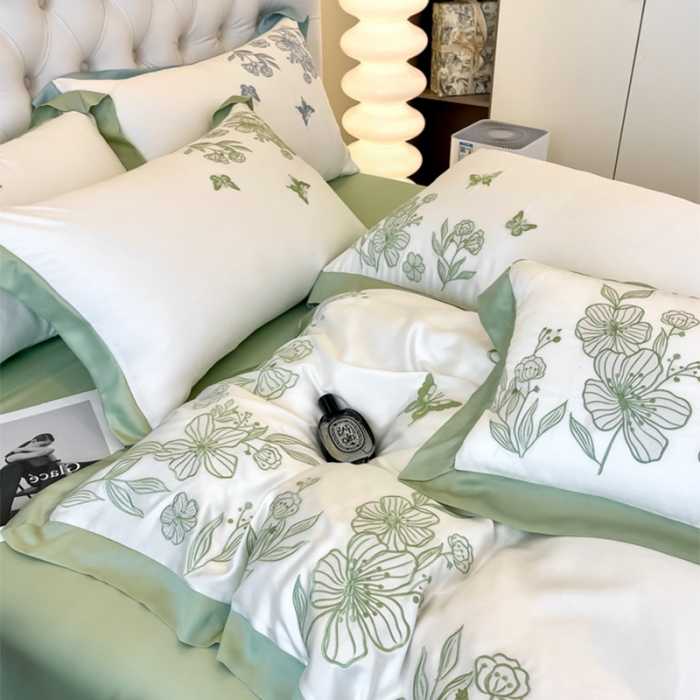 91家纺网 家纺一手货源 找家纺 眠帛2022新品60支兰精天丝气质轻奢绣花四件套盛夏盛夏-绿