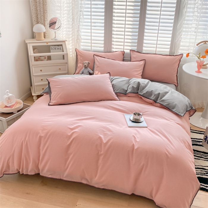 91家纺网 家纺一手货源 找家纺 眠帛 2022新款水洗棉贝壳绣边四件套 豆沙-灰