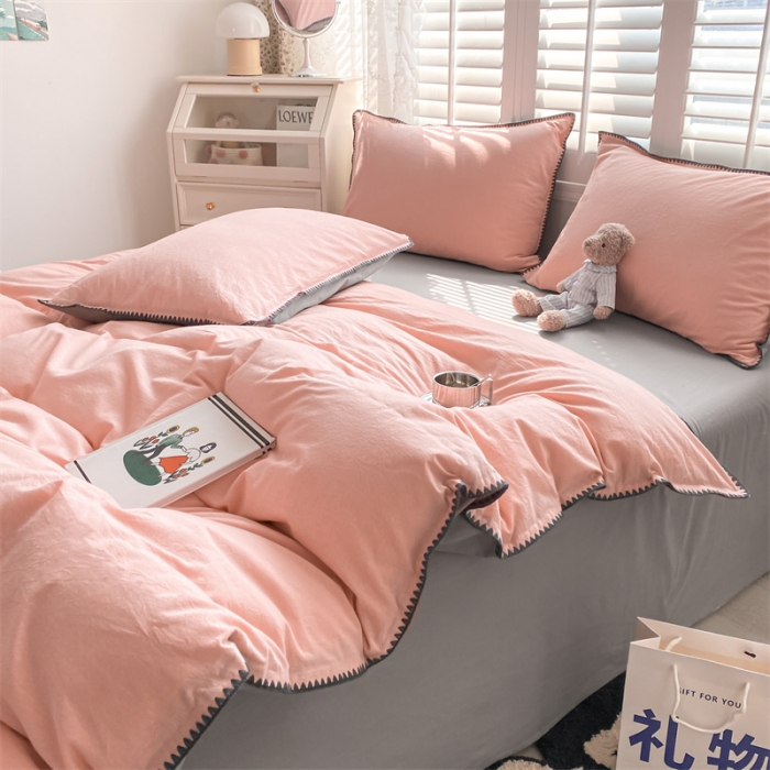 91家纺网 家纺一手货源 找家纺 眠帛 2022新款水洗棉贝壳绣边四件套 豆沙-灰