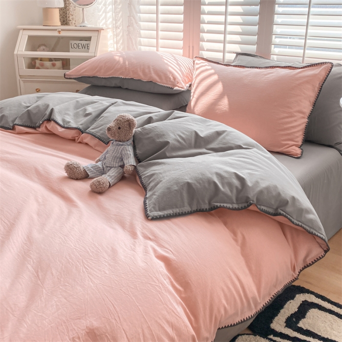 91家纺网 家纺一手货源 找家纺 眠帛 2022新款水洗棉贝壳绣边四件套 豆沙-灰