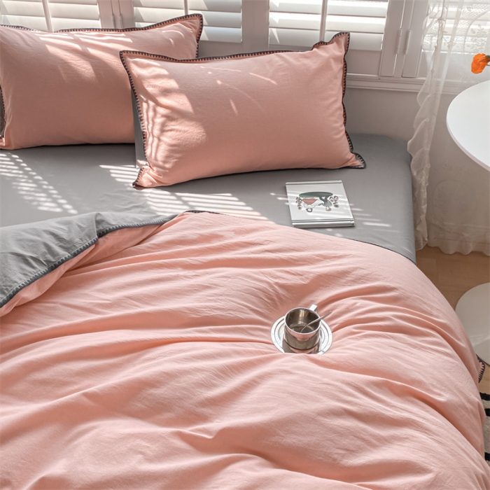 91家纺网 家纺一手货源 找家纺 眠帛 2022新款水洗棉贝壳绣边四件套 豆沙-灰